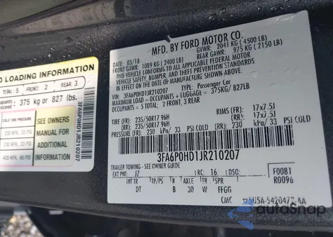 2018 Ford Fusion Se from USA, damaged, VIN 3FA6P0HD1JR210207